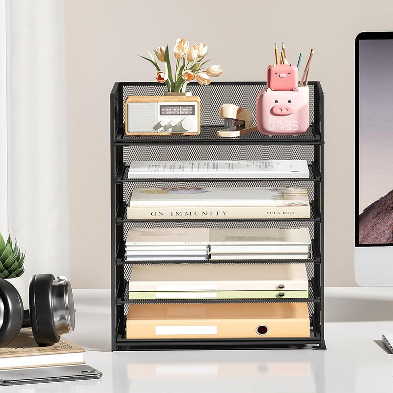 SUBEKYU 6 Tier Paper File Tray Organizer for Desk, Black Mesh Desk Letter Paper File Folder Accessories Sorter Organizer with Handle, Stackable Slide Tray for Office, Home or School Supplies Storage - Image 3